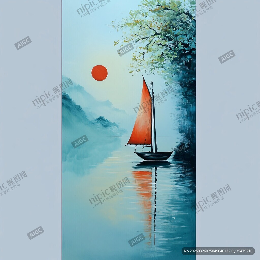 落日孤舟山水间美景
