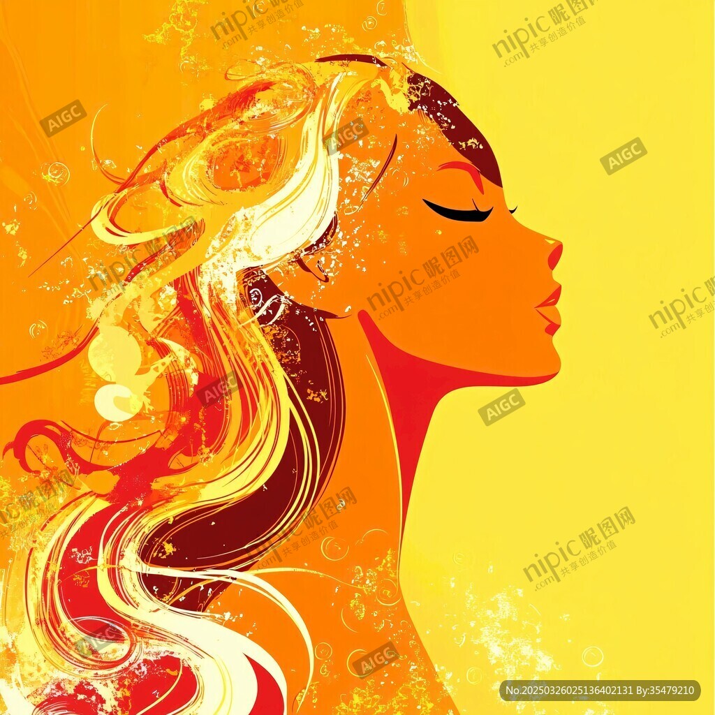 梦幻卷发女性侧面艺术图