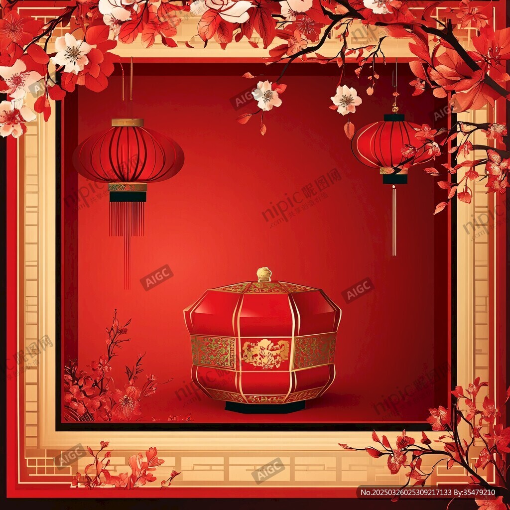 中式喜庆场景中的精美红盒