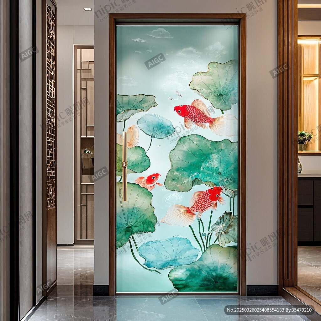中式荷花金鱼入户门装饰画