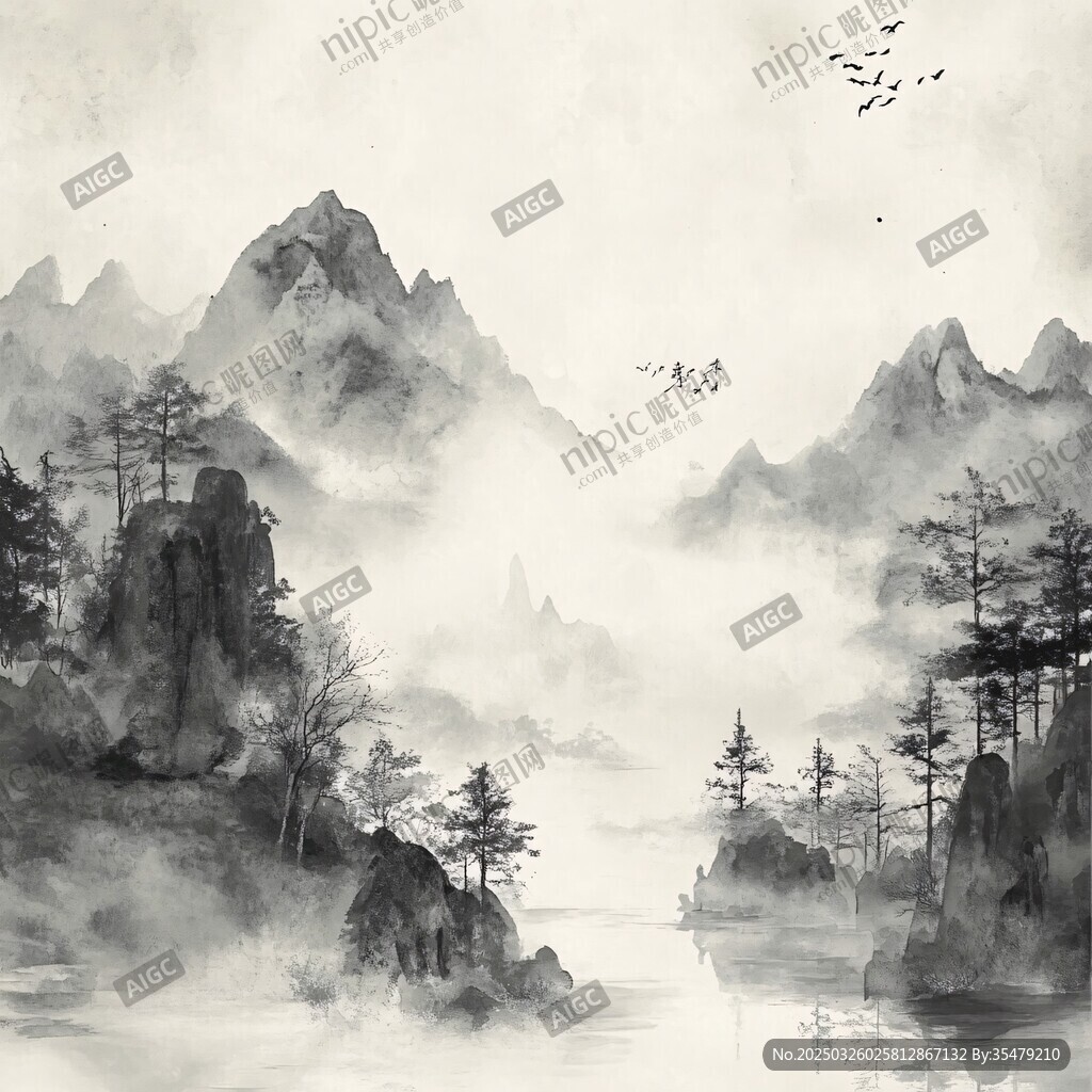 水墨山水间 飞鸟伴云雾
