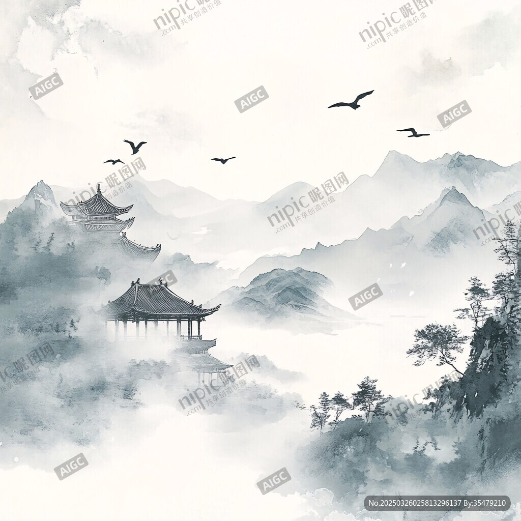 水墨山水间的亭与飞鸟