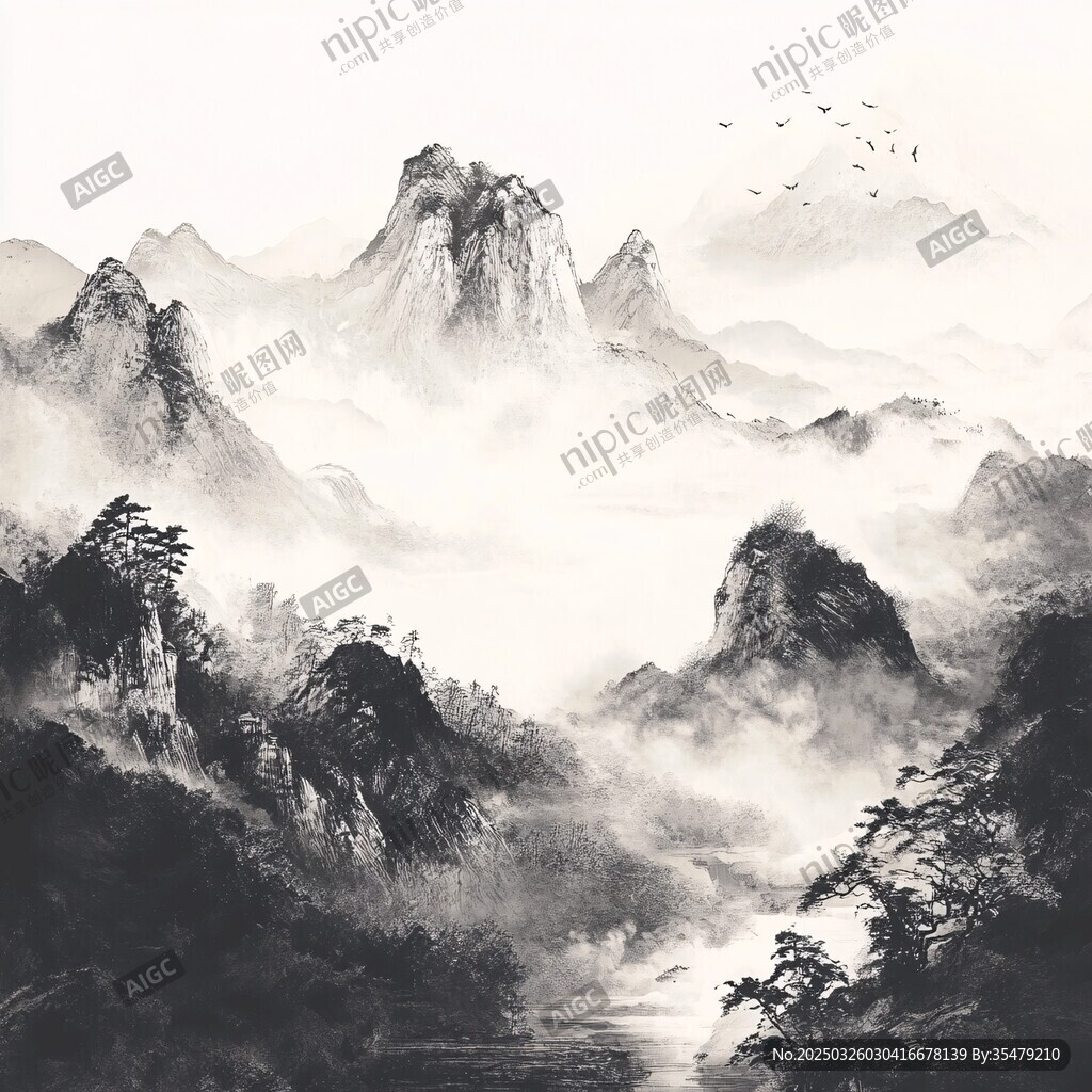 水墨山水间 飞鸟伴云雾