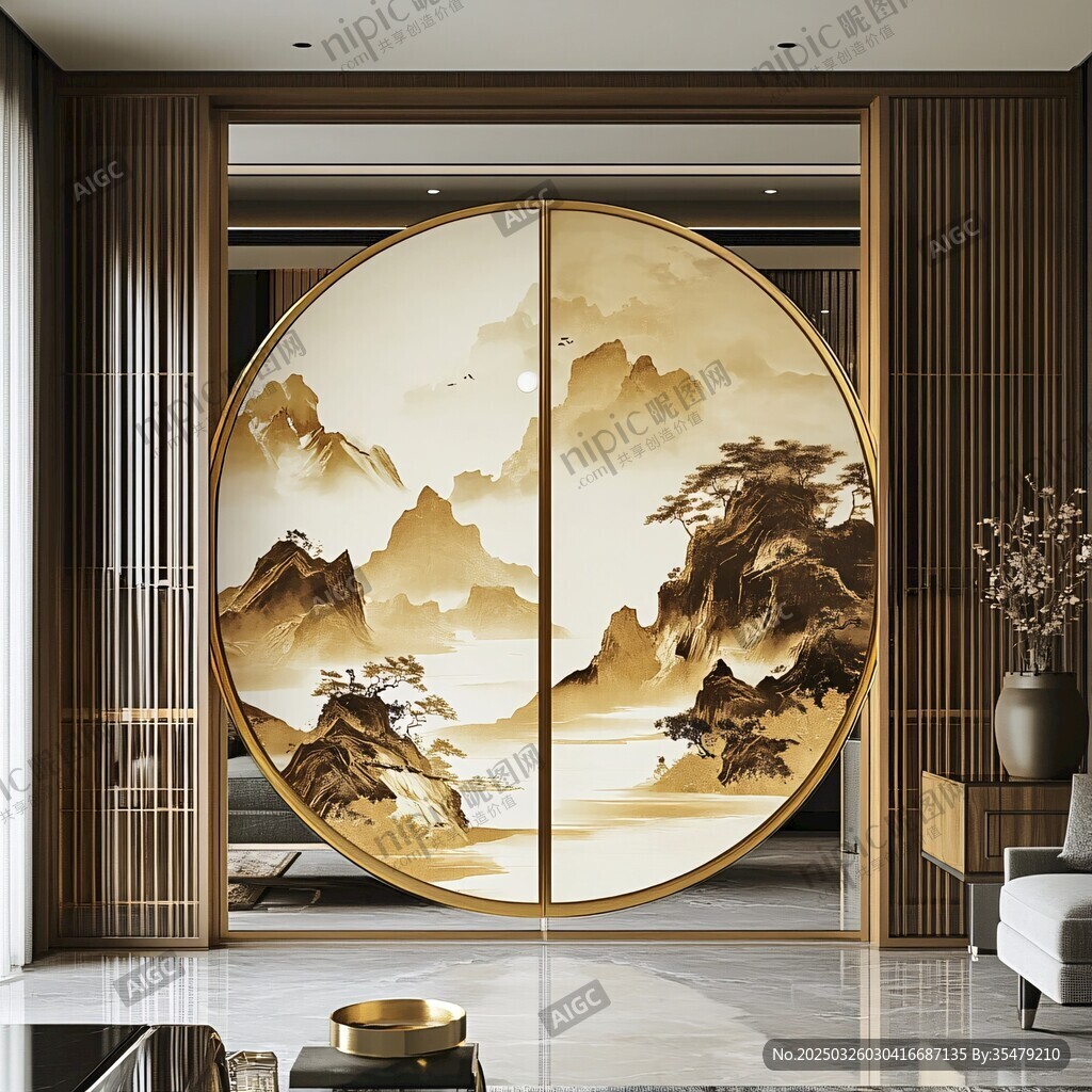 中式山水圆形屏风室内景