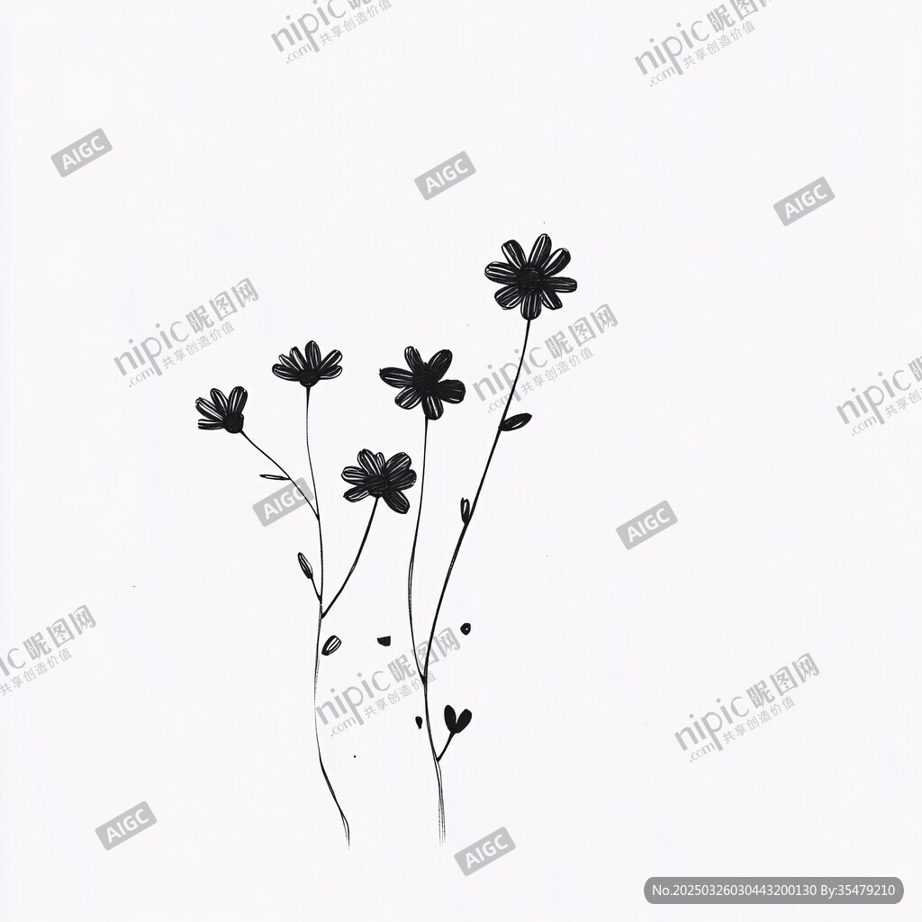 水墨风简约小花插画