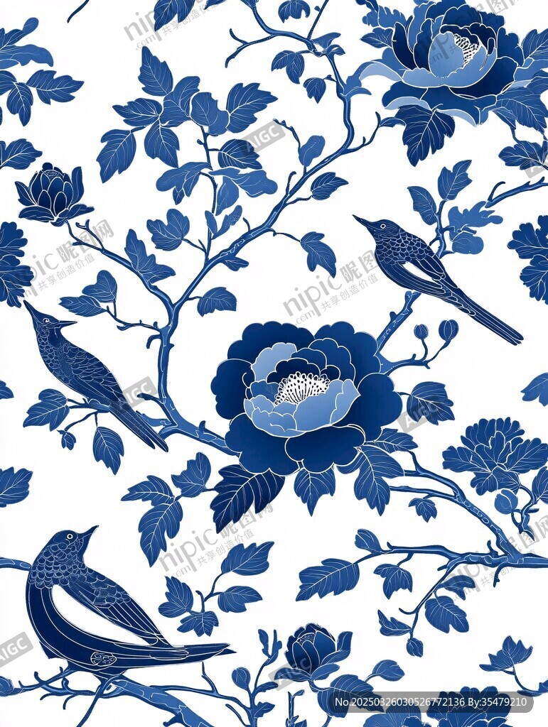 蓝白花鸟中式图案纹饰
