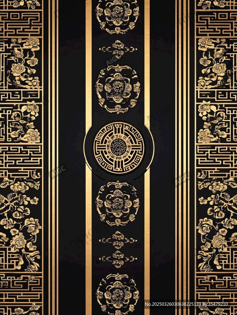 中式黑金花卉古典装饰图案