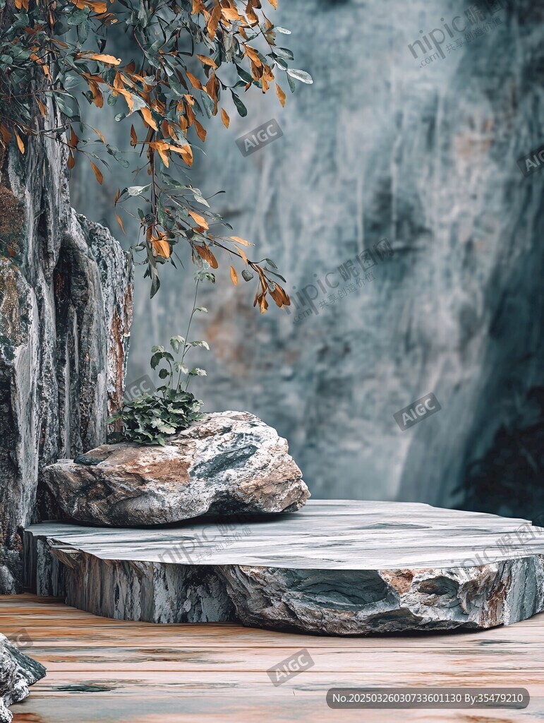 自然风石景与绿植展示台