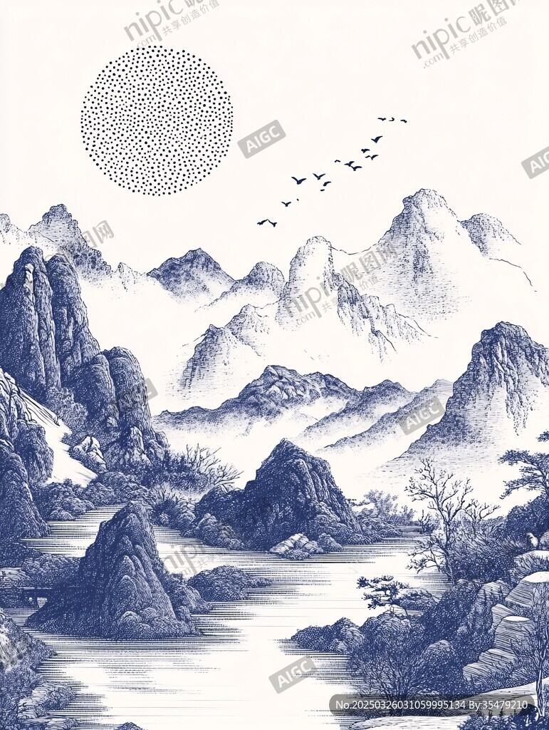 水墨山水间飞鸟伴月图