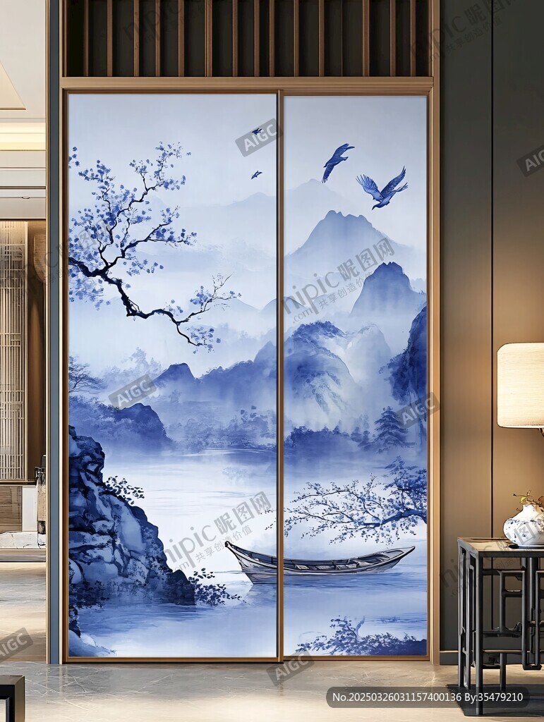 中式蓝白山水移门装饰画