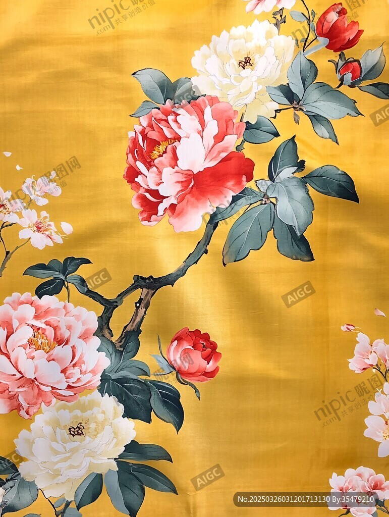 金黄背景上的绚丽花卉图案