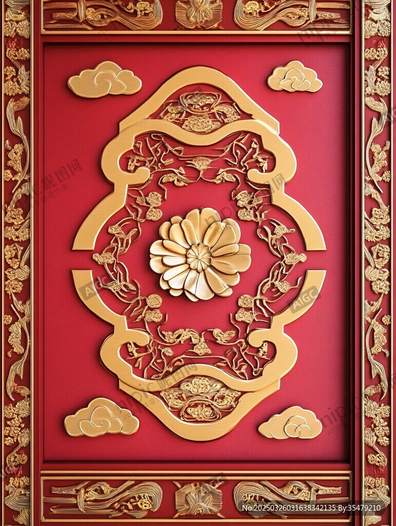 中式红底金纹雕花装饰