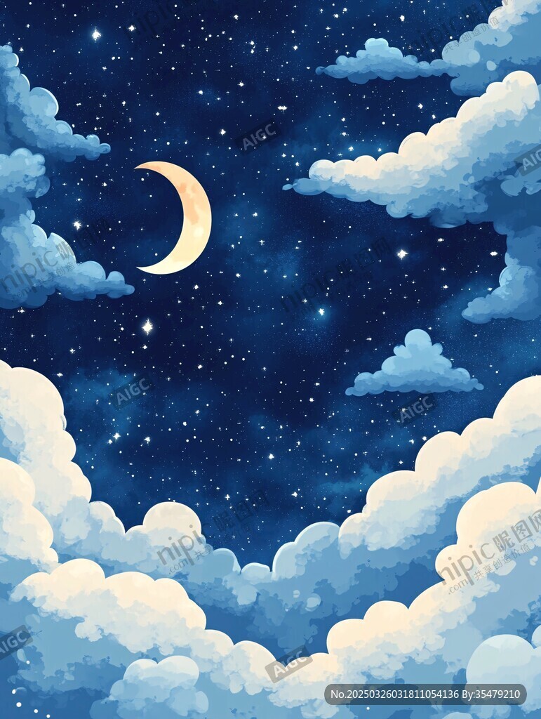 梦幻月夜下的云朵星空