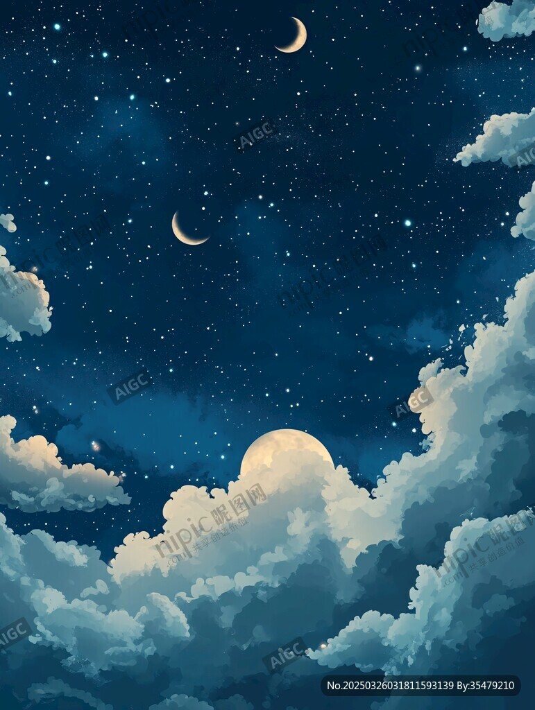 梦幻夜空下的云朵与双月