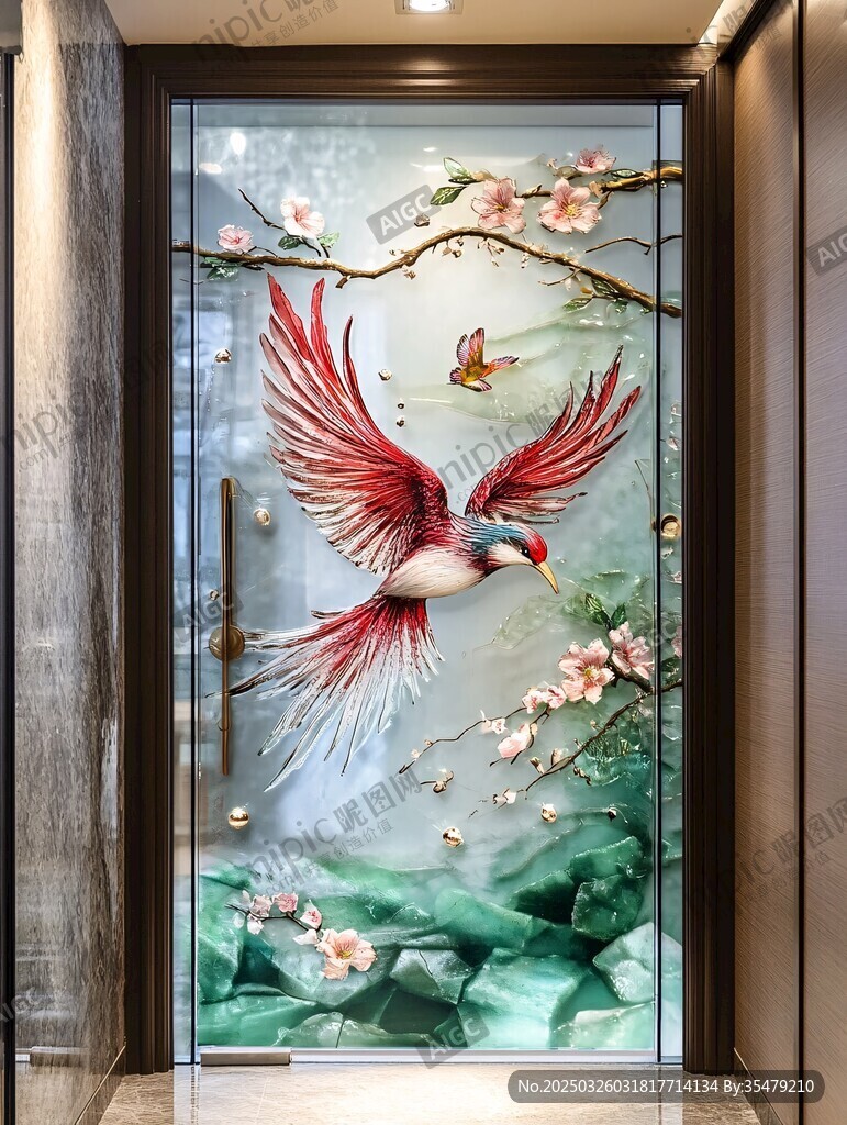 中式花鸟玻璃门装饰画