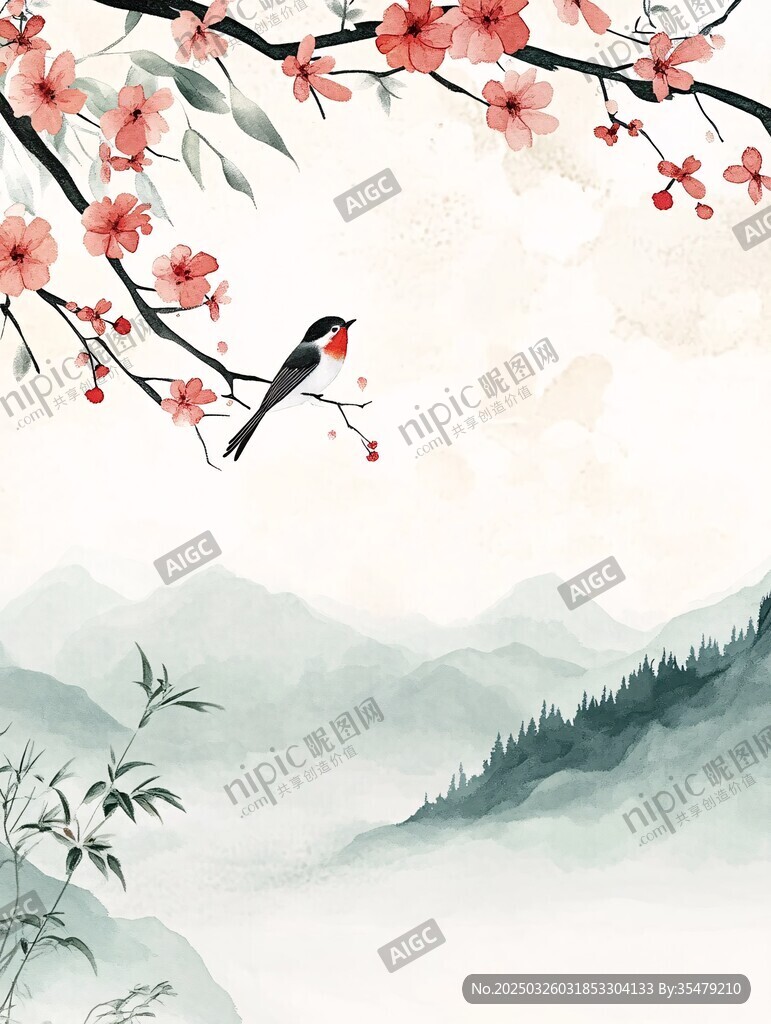 水墨春景中鸟栖繁花枝头