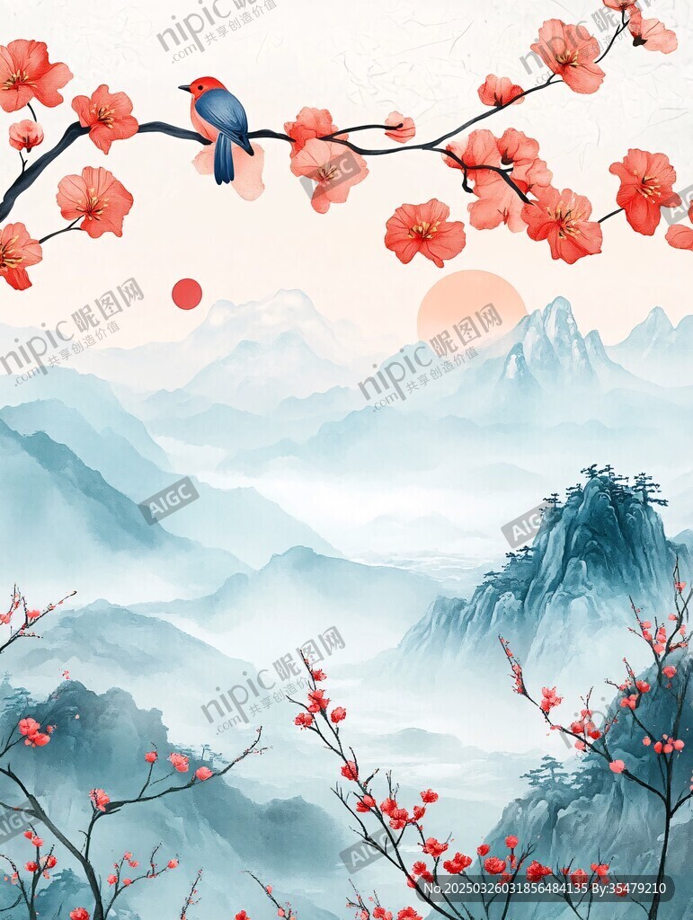 春日山景中红梅栖鸟图