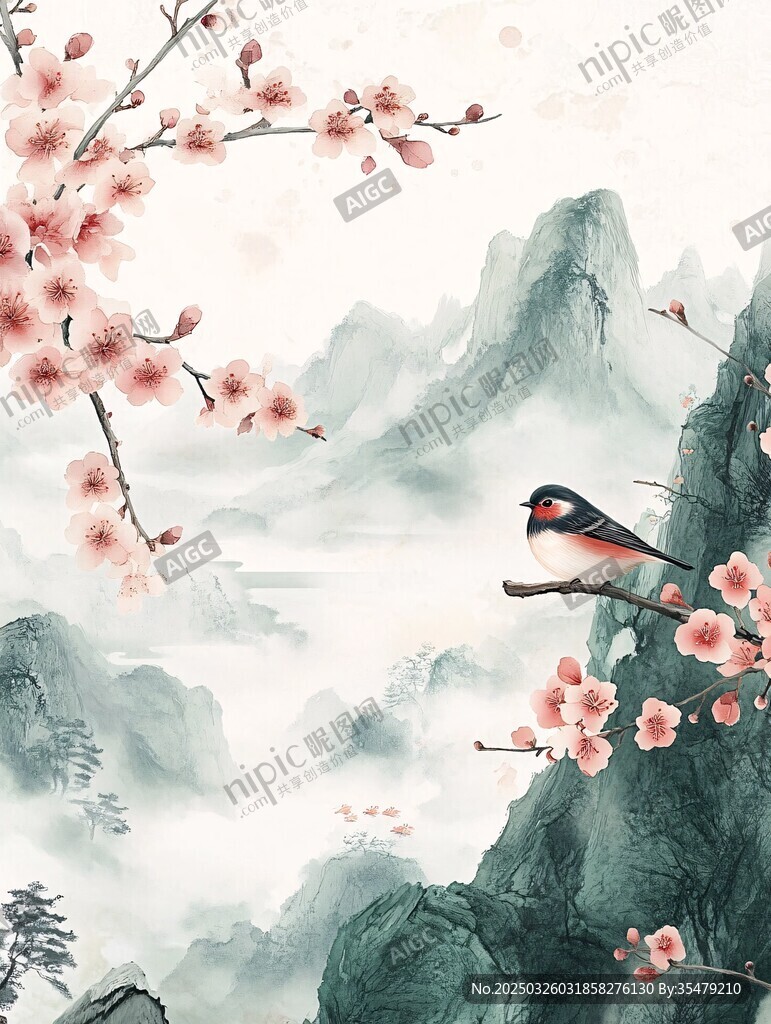 水墨春景中鸟儿栖于花枝