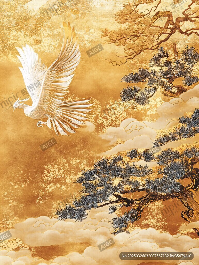 金云松间展翅白鹰图