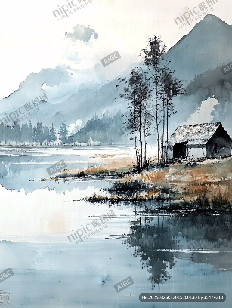 湖畔小屋山水诗意画卷