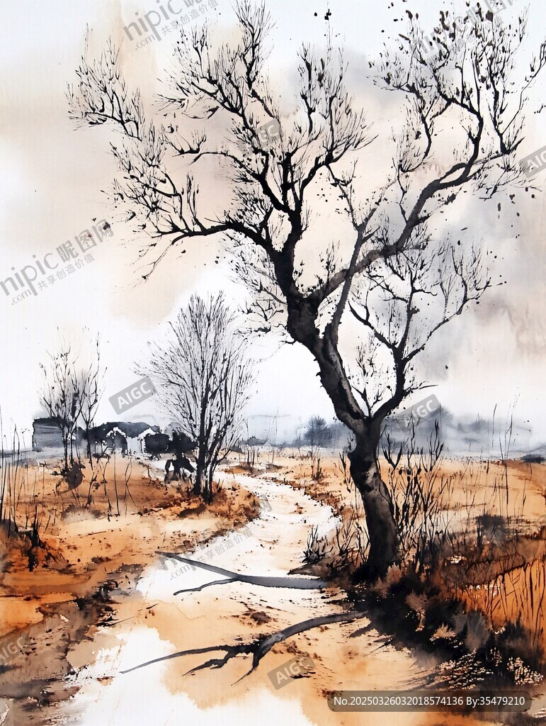 水墨风乡间小路孤树图景