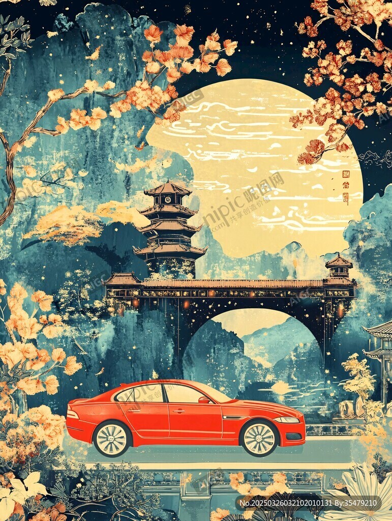 月夜下的中式美景与红车