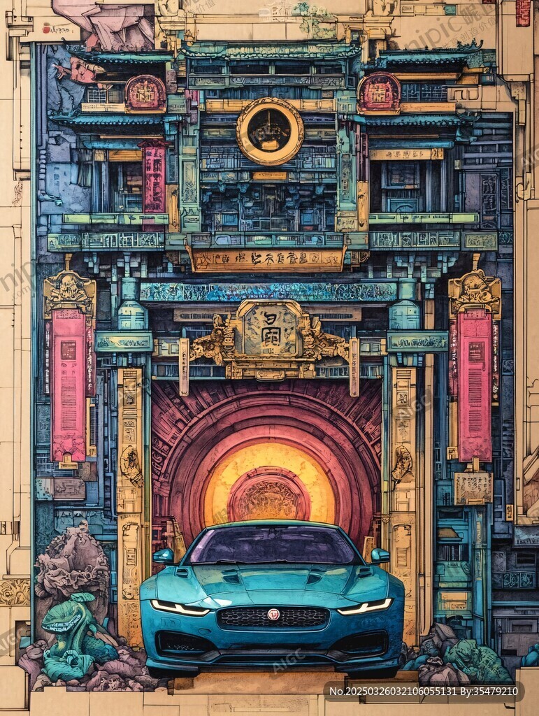 复古中式门前景致与汽车