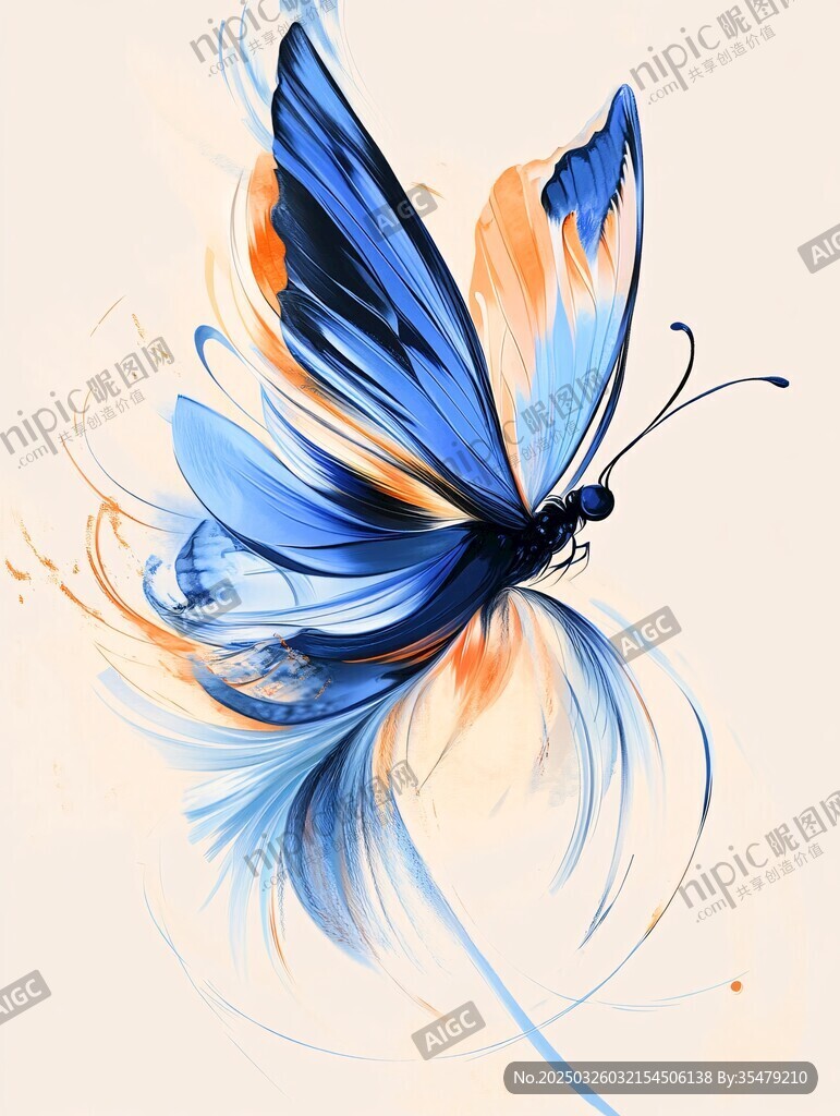 梦幻蓝橙蝴蝶艺术插画