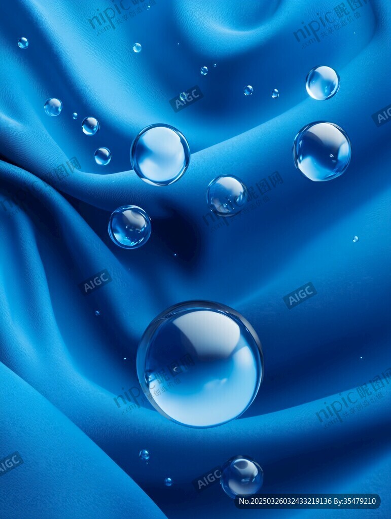 蓝色绸缎上的晶莹水珠