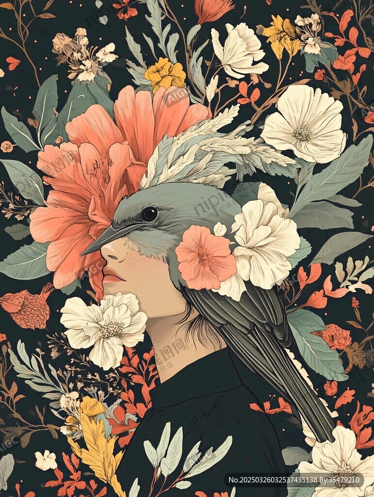 花鸟环绕的神秘梦幻人像