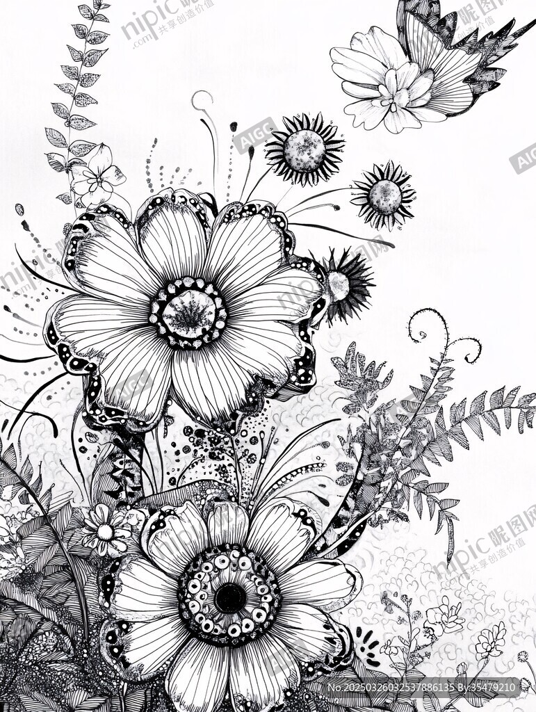 黑白花卉蝴蝶艺术插画