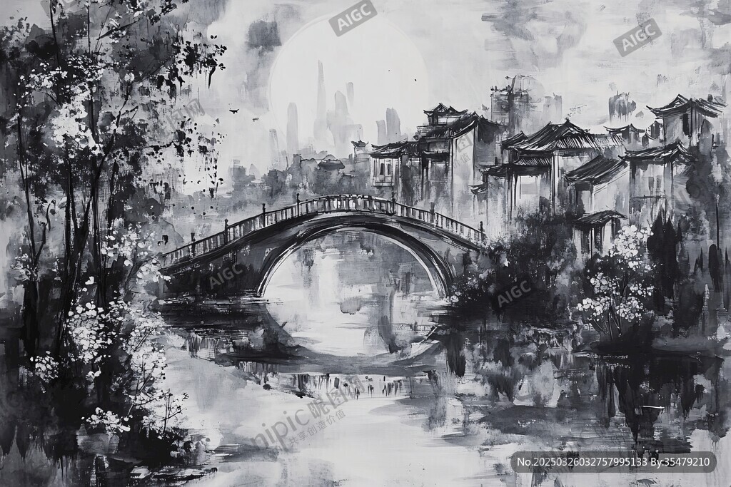 水墨江南桥畔古景图