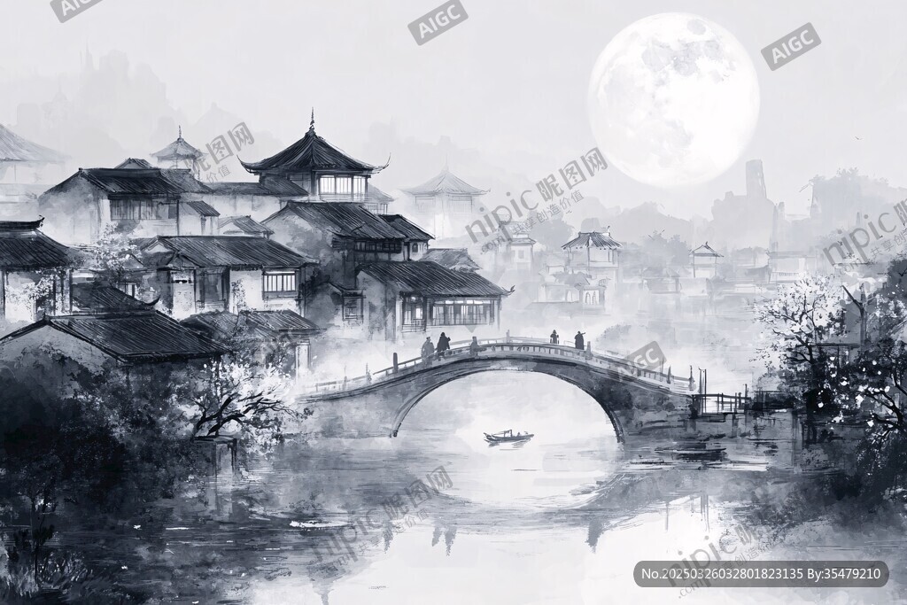 月夜下的江南水乡古韵