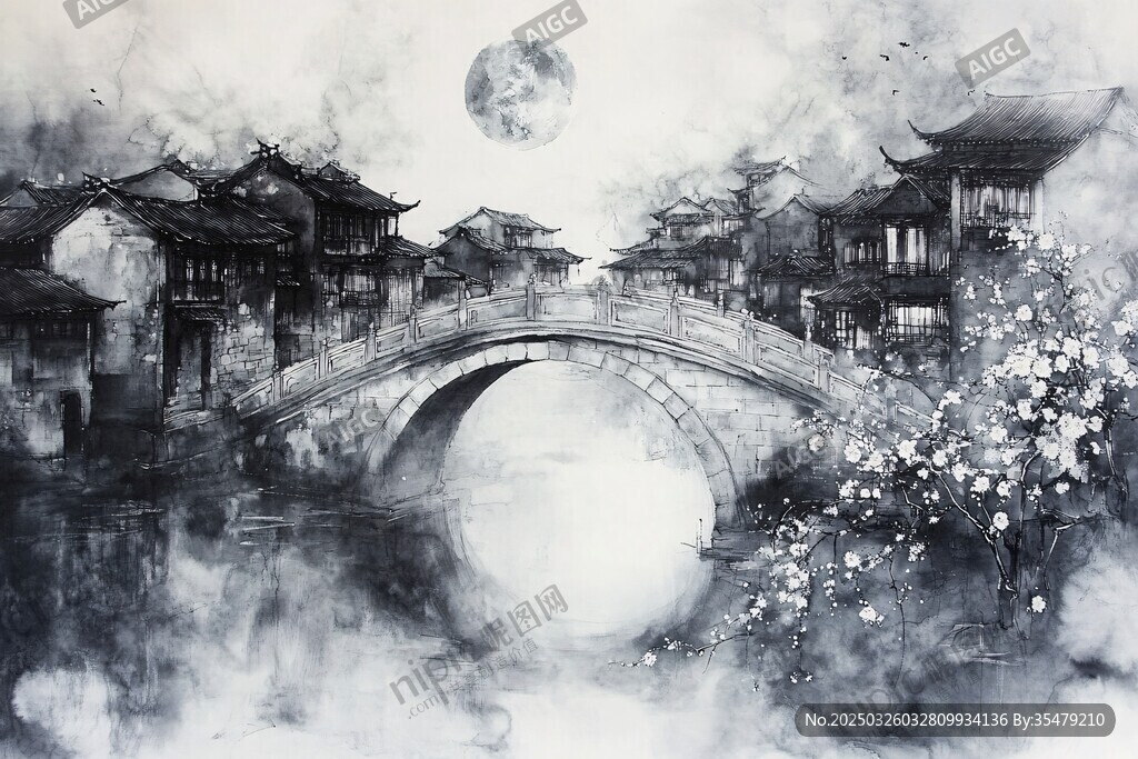 水墨江南月夜桥畔美景