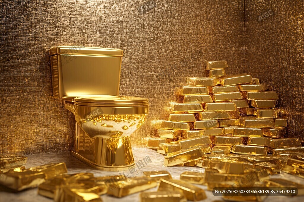 金马桶与金条堆砌奢华场景