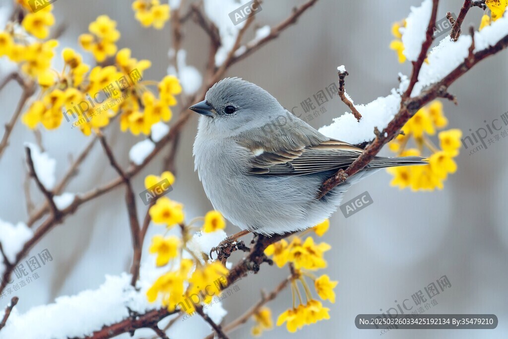 雪枝黄花上的灰色小鸟
