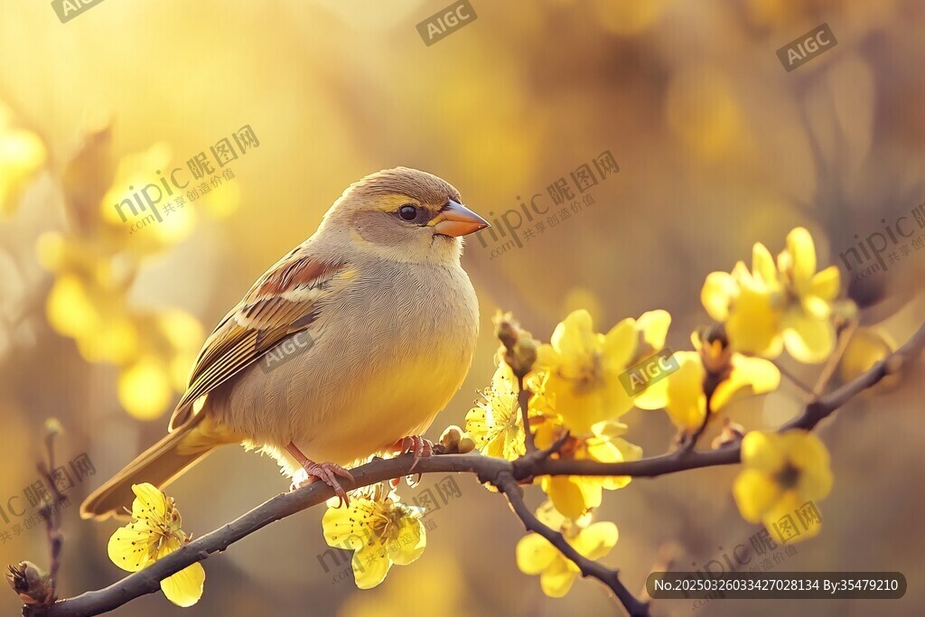 麻雀栖于繁花枝头赏春光