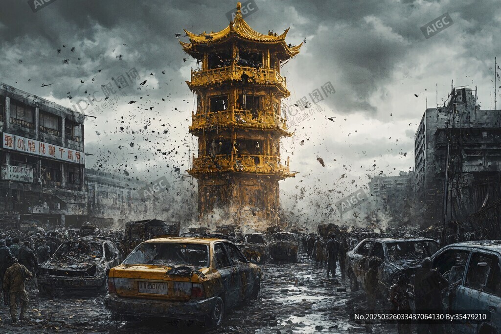 古塔立于废墟中的震撼场景