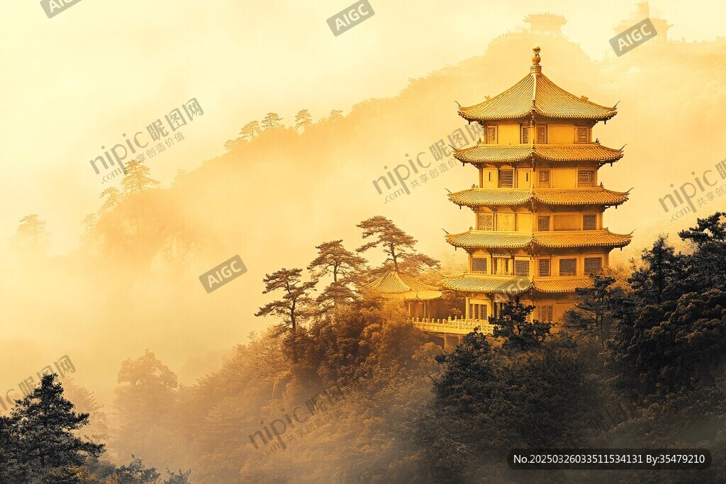 金色古塔映于山林晨雾中