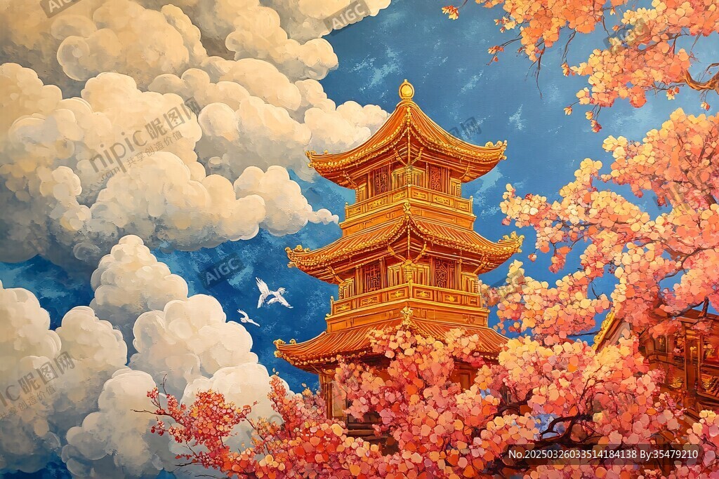 春日楼阁樱花绘景