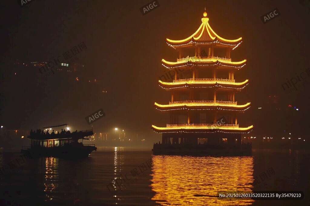 夜泊江畔的璀璨古楼