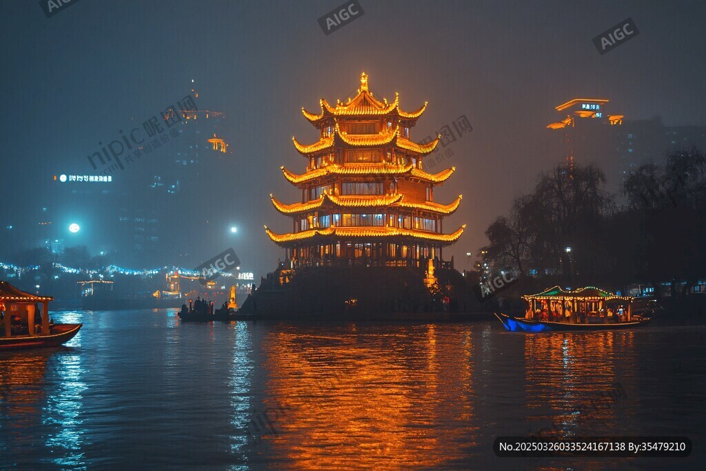 夜泊江畔的中式楼阁美景