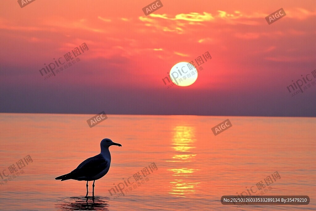 夕阳下独站海面的飞鸟