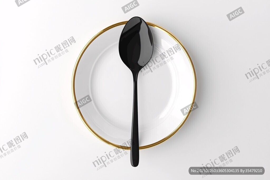白盘配黑金汤匙静物图