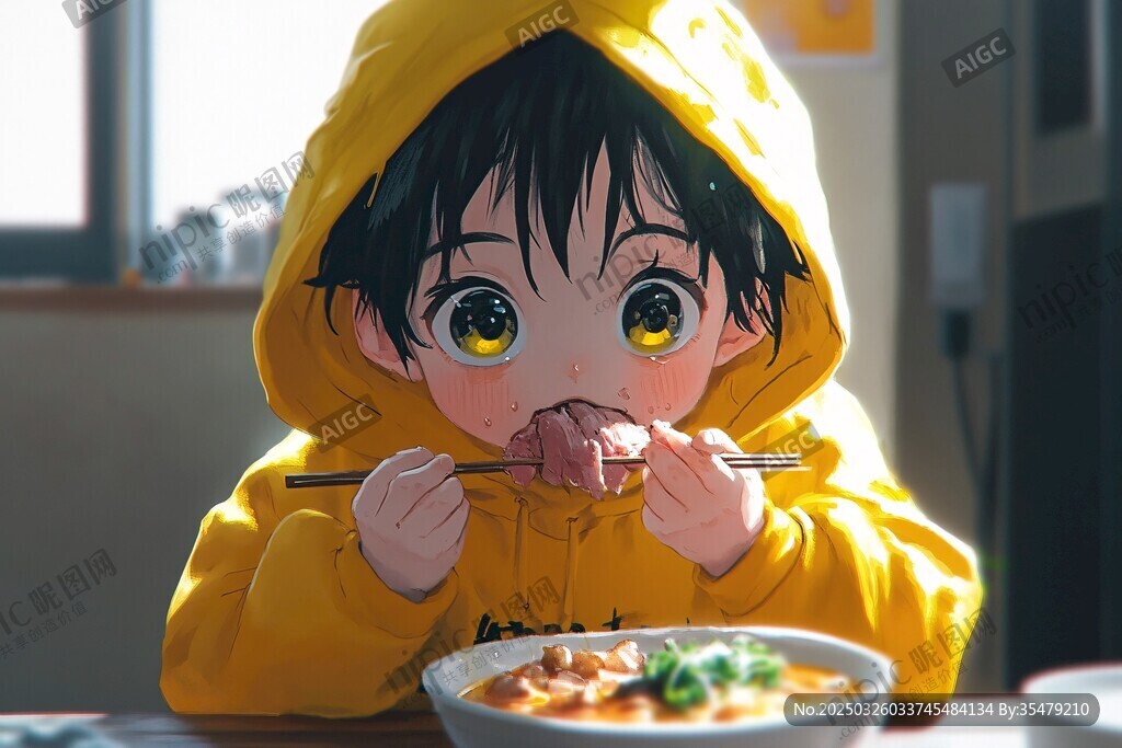 穿黄衣萌娃用筷开心进食