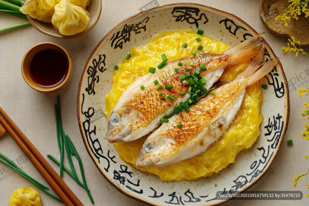 香煎鱼配蛋美食摆盘