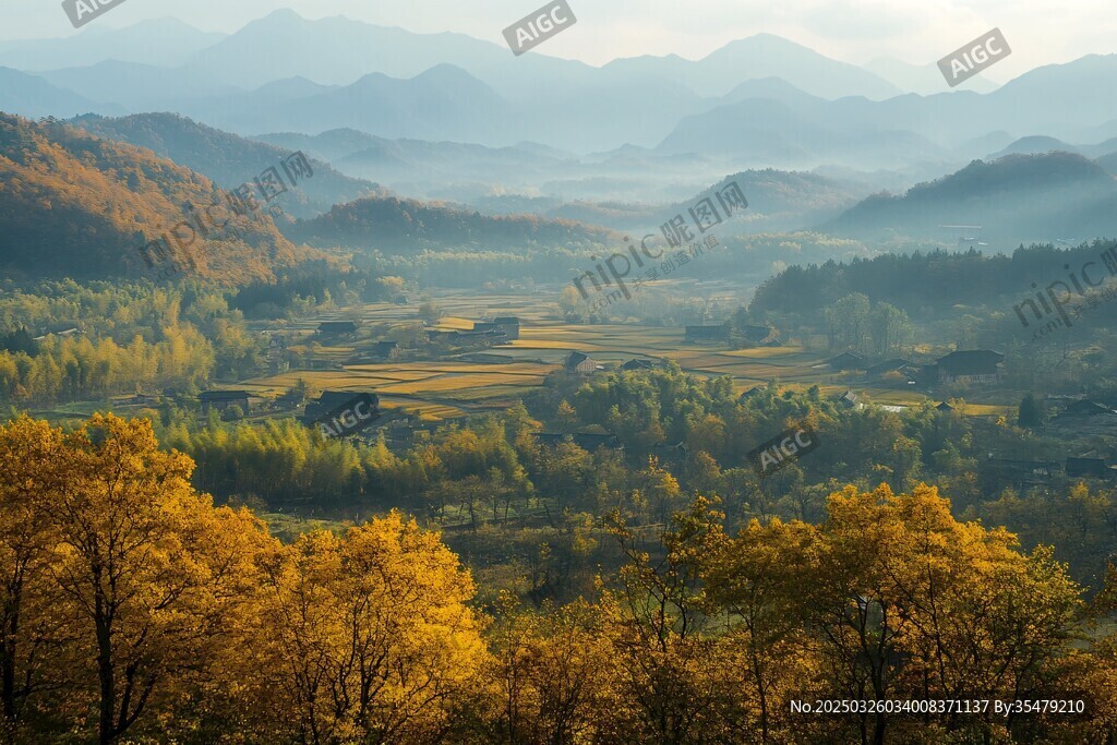 秋日山峦田园绝美风光