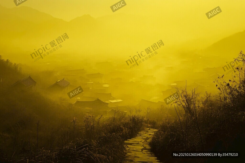 晨曦中的山间小径与村落