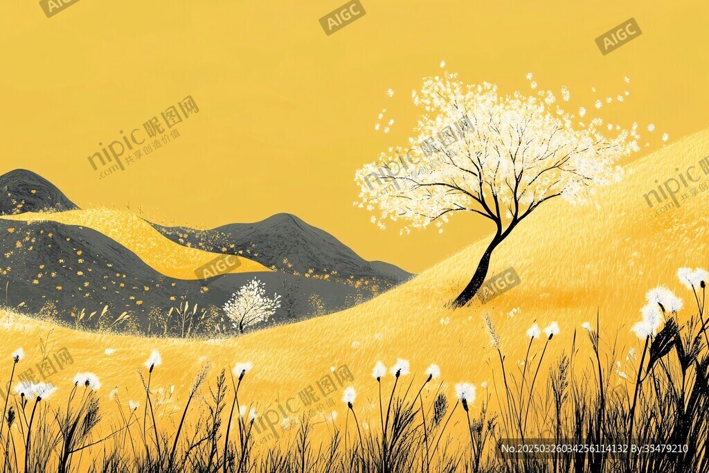 金色旷野中的孤树与繁花
