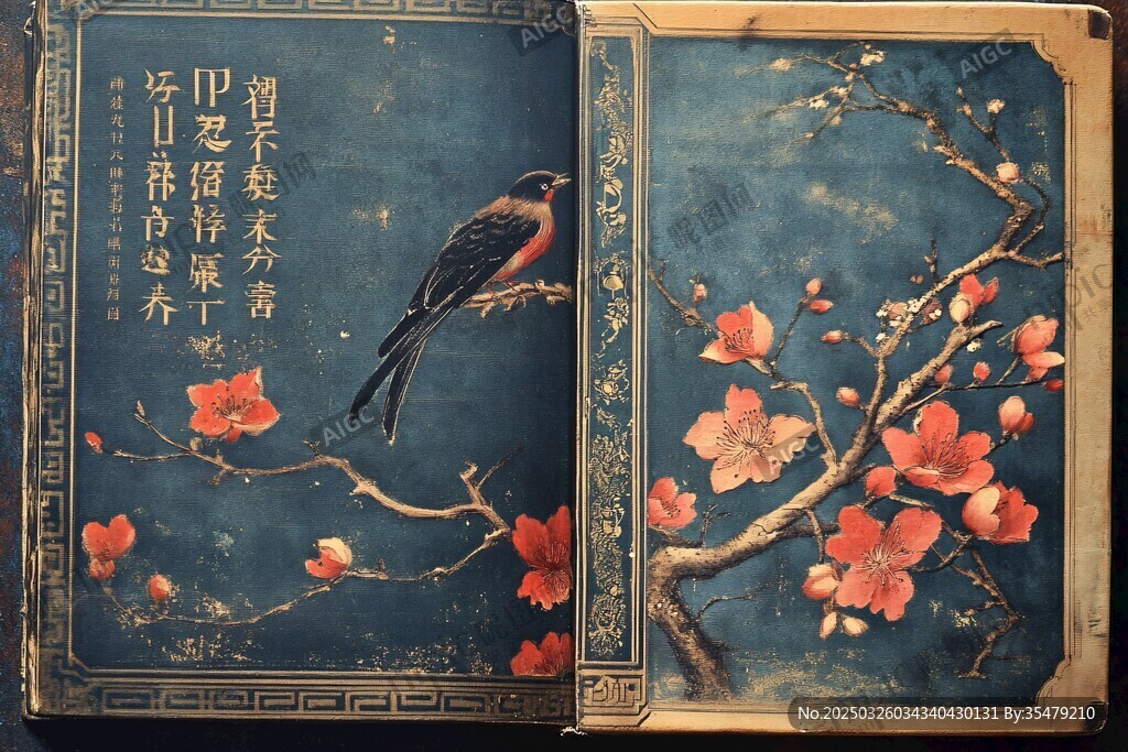古画册中的花鸟与诗句